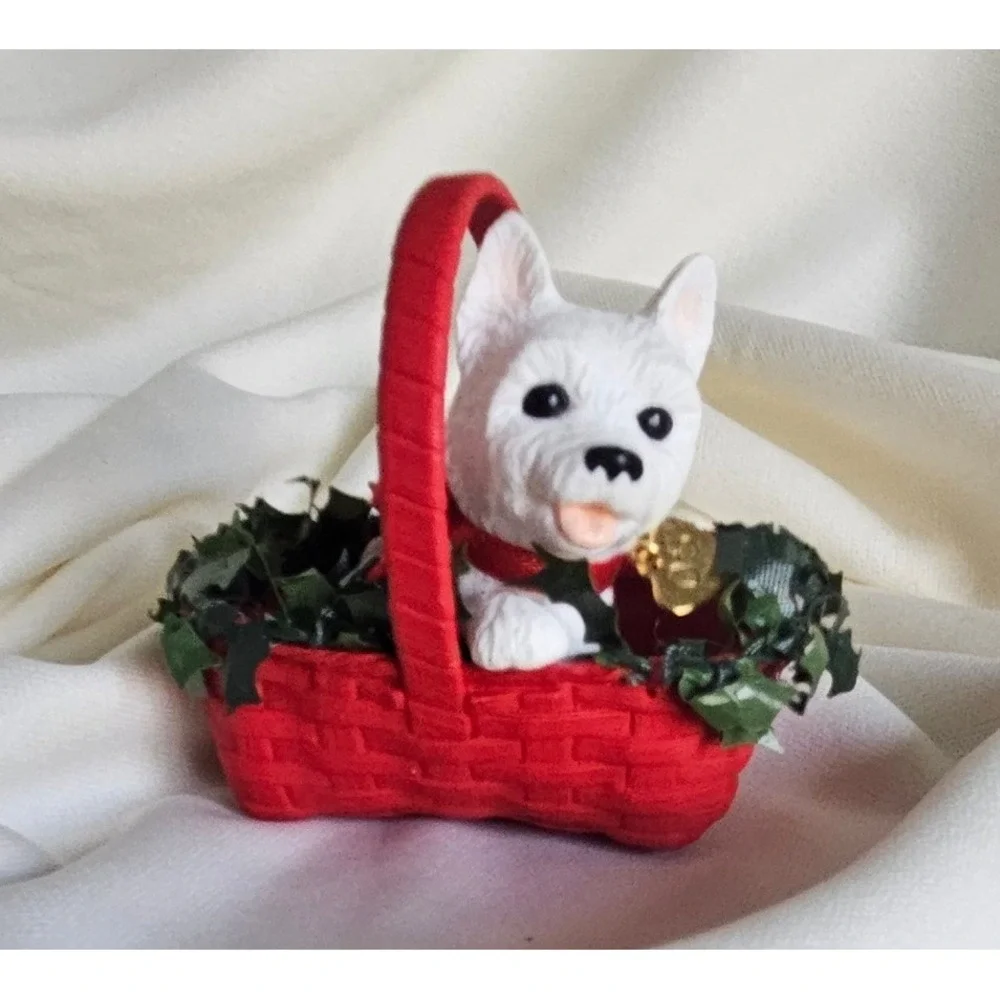 VTG Westie Puppy in Red Basket Christmas Ornament Holiday Dog Figurine Decor